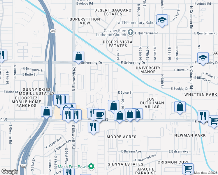map of restaurants, bars, coffee shops, grocery stores, and more near 9427 Mobile Home Park in Mesa