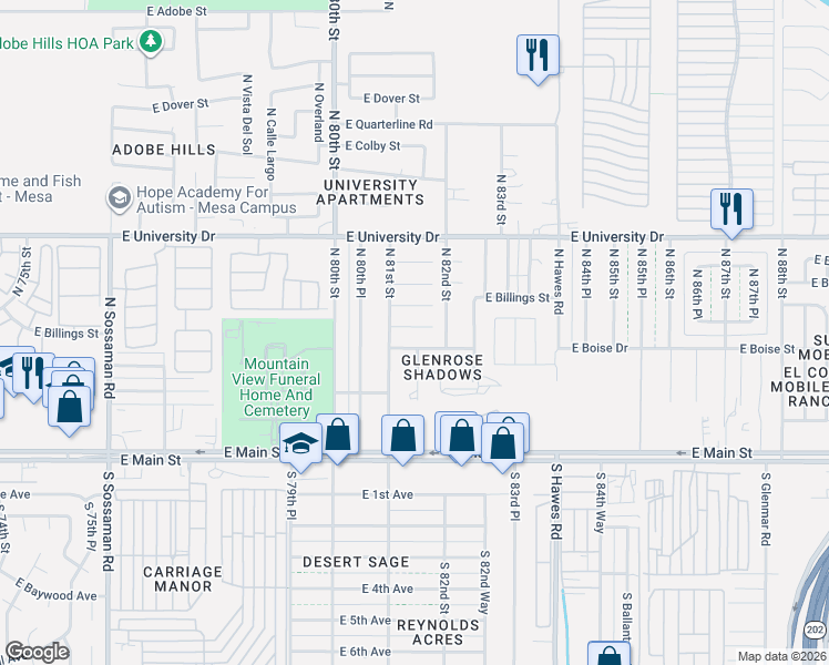 map of restaurants, bars, coffee shops, grocery stores, and more near 8125 East Billings Street in Mesa
