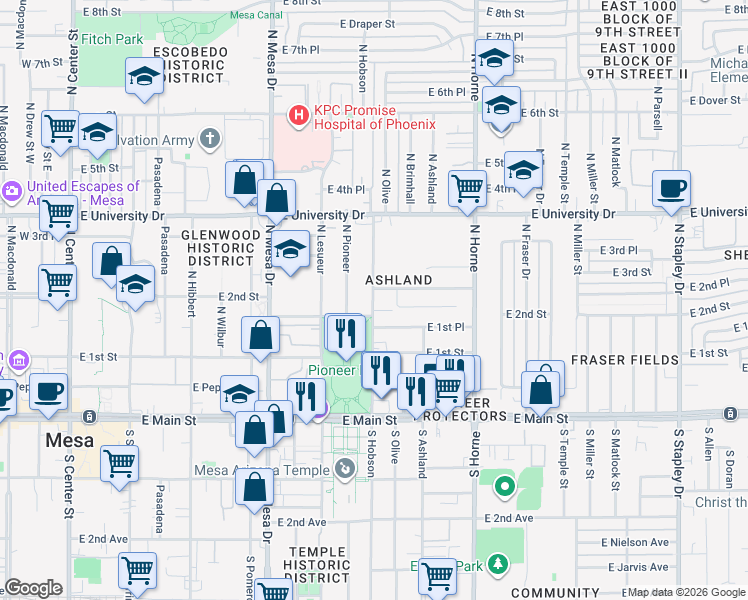 map of restaurants, bars, coffee shops, grocery stores, and more near 248 North Hobson in Mesa