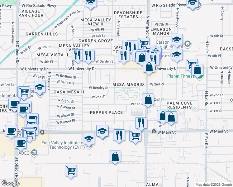 map of restaurants, bars, coffee shops, grocery stores, and more near 1406 West Bentley Street in Mesa