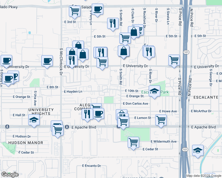 map of restaurants, bars, coffee shops, grocery stores, and more near 1975 East University Drive in Tempe