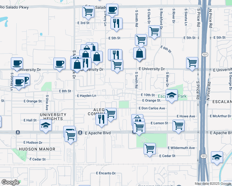 map of restaurants, bars, coffee shops, grocery stores, and more near 1905 East University Drive in Tempe
