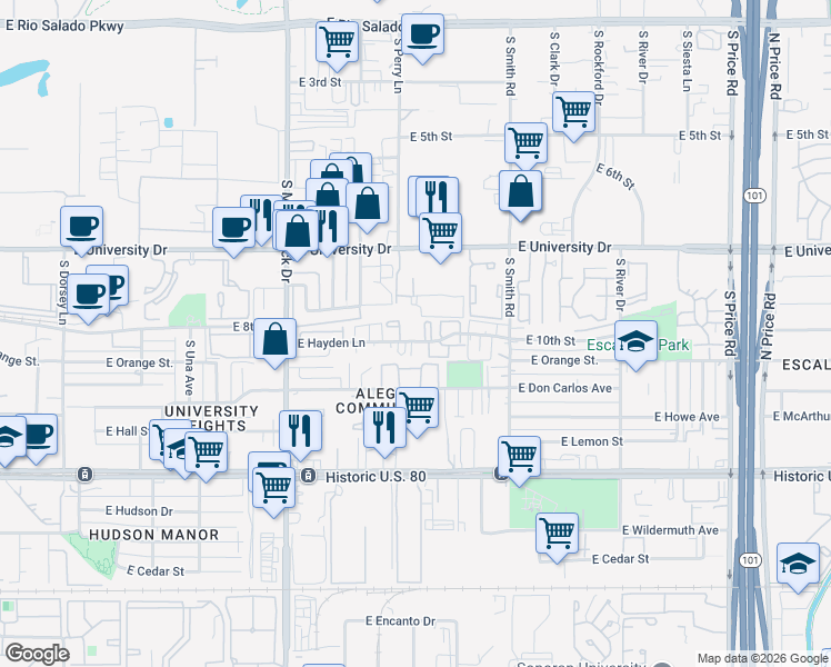 map of restaurants, bars, coffee shops, grocery stores, and more near 1905 East University Drive in Tempe