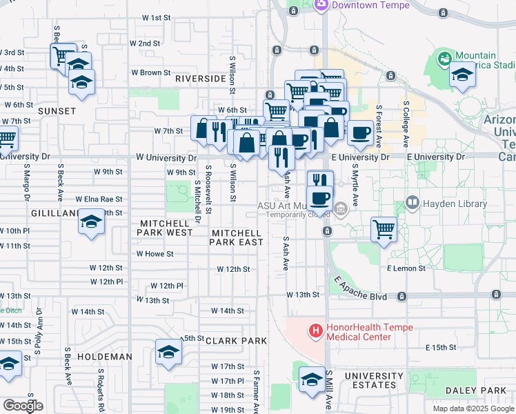 map of restaurants, bars, coffee shops, grocery stores, and more near 936 South Ash Avenue in Tempe
