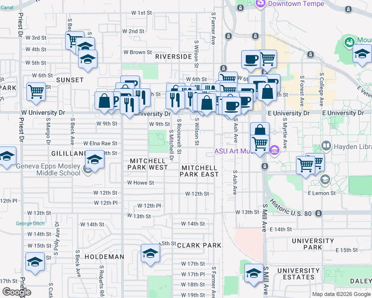 map of restaurants, bars, coffee shops, grocery stores, and more near in Tempe