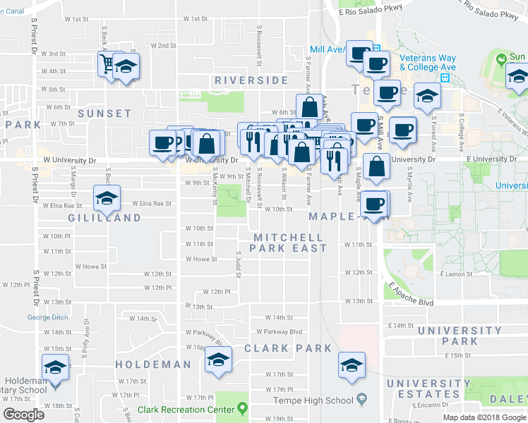map of restaurants, bars, coffee shops, grocery stores, and more near in Tempe
