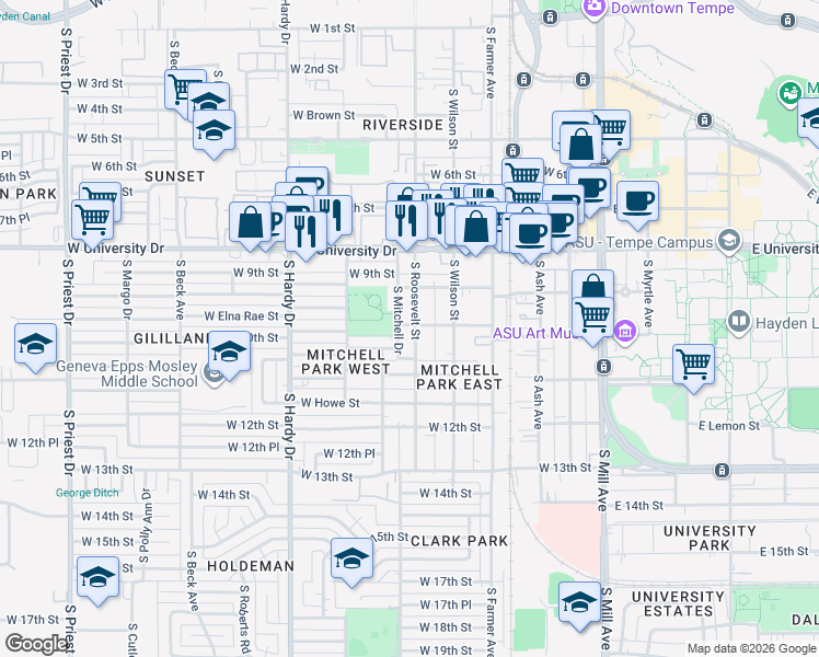 map of restaurants, bars, coffee shops, grocery stores, and more near 915 South Mitchell Drive in Tempe