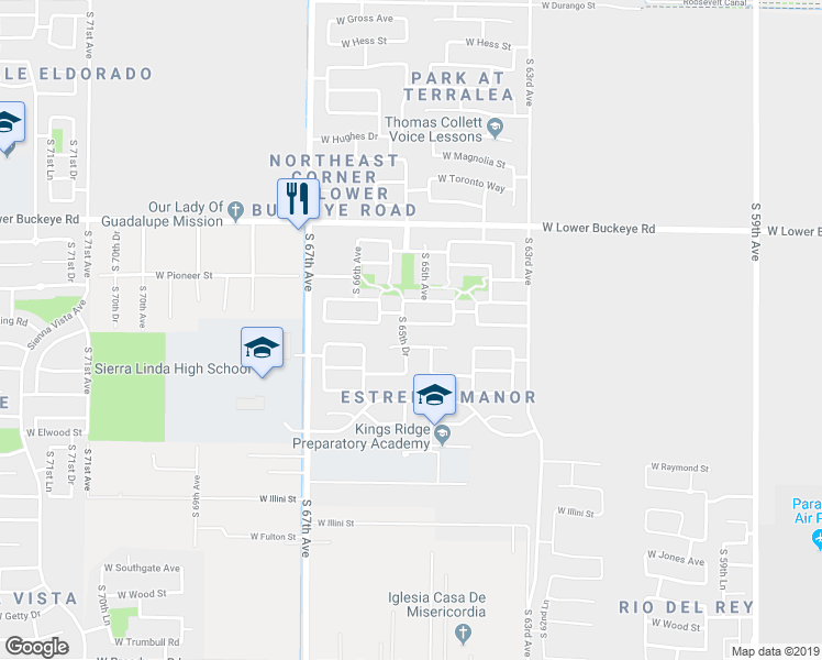 map of restaurants, bars, coffee shops, grocery stores, and more near 6511 West Florence Avenue in Phoenix