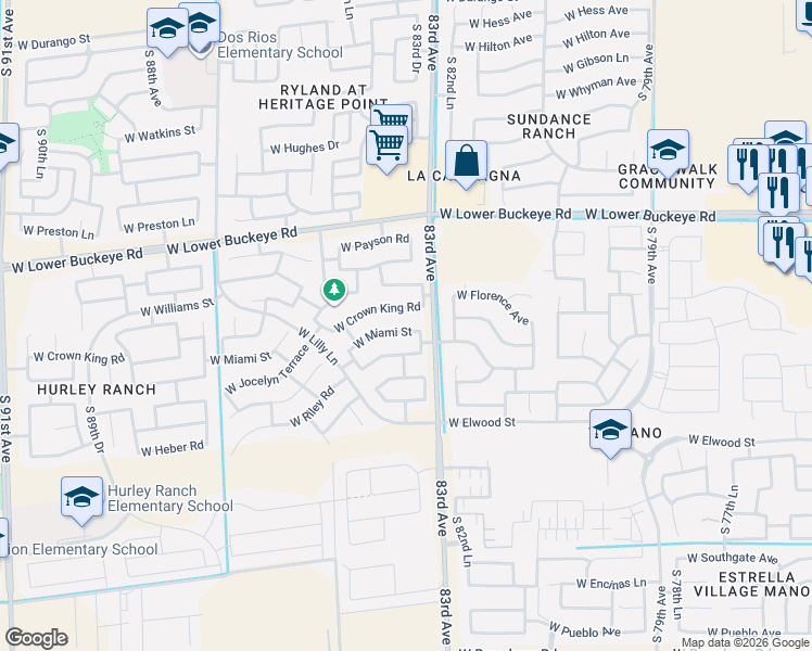 map of restaurants, bars, coffee shops, grocery stores, and more near 8308 West Crown King Road in Tolleson