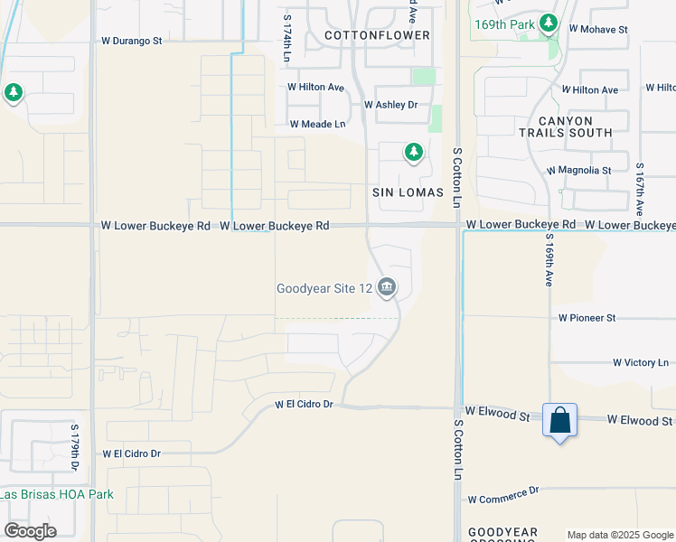 map of restaurants, bars, coffee shops, grocery stores, and more near 17301-17487 West Lower Buckeye Road in Goodyear