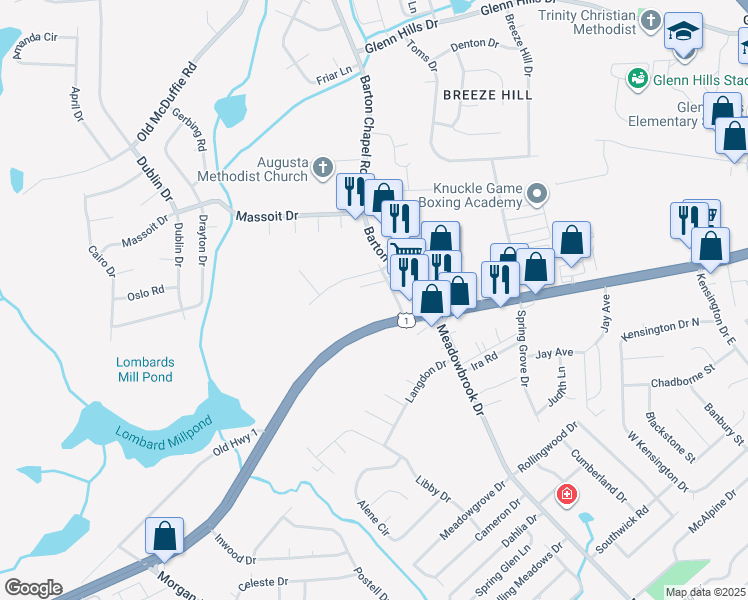 map of restaurants, bars, coffee shops, grocery stores, and more near 2675 Barton Chapel Road in Augusta