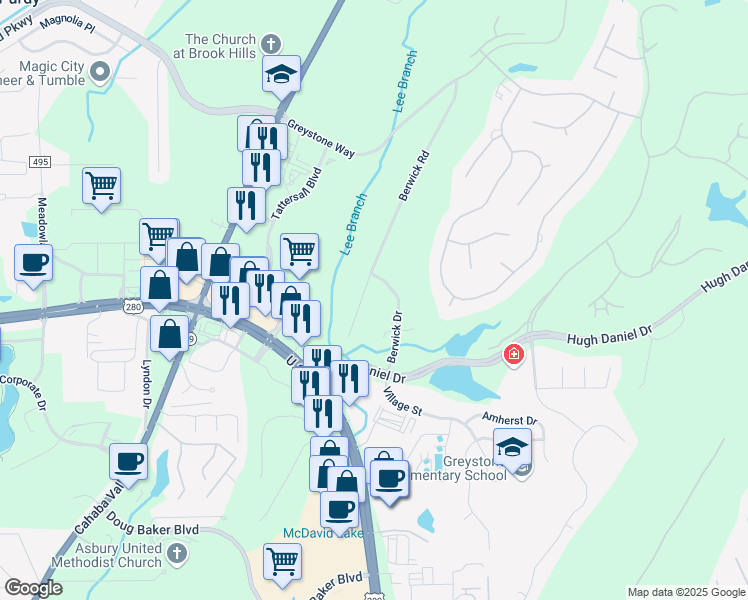 map of restaurants, bars, coffee shops, grocery stores, and more near 1304 Berwick Drive in Birmingham