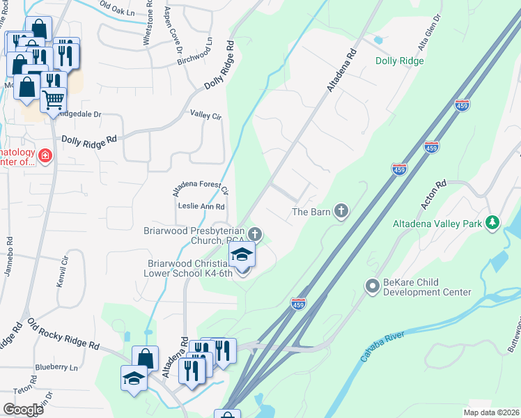 map of restaurants, bars, coffee shops, grocery stores, and more near 2553 Altadena Road in Vestavia Hills