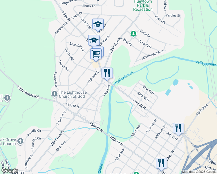 map of restaurants, bars, coffee shops, grocery stores, and more near 1861 25th Avenue in Bessemer