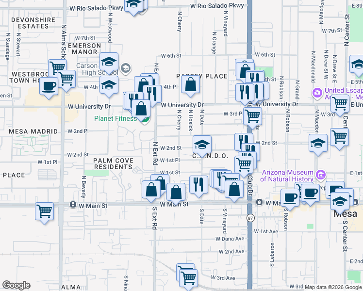 map of restaurants, bars, coffee shops, grocery stores, and more near 680 West 2nd Street in Mesa