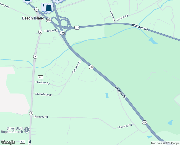 map of restaurants, bars, coffee shops, grocery stores, and more near 2173 Atomic Road in Beech Island