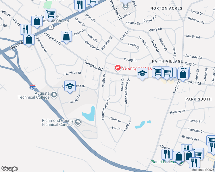 map of restaurants, bars, coffee shops, grocery stores, and more near 2915 Hummingbird Lane in Augusta