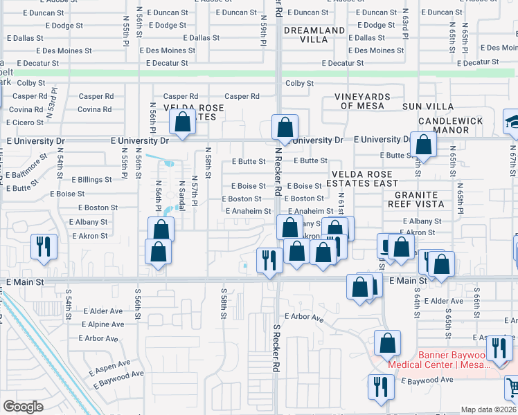 map of restaurants, bars, coffee shops, grocery stores, and more near 5930 East Anaheim Street in Mesa
