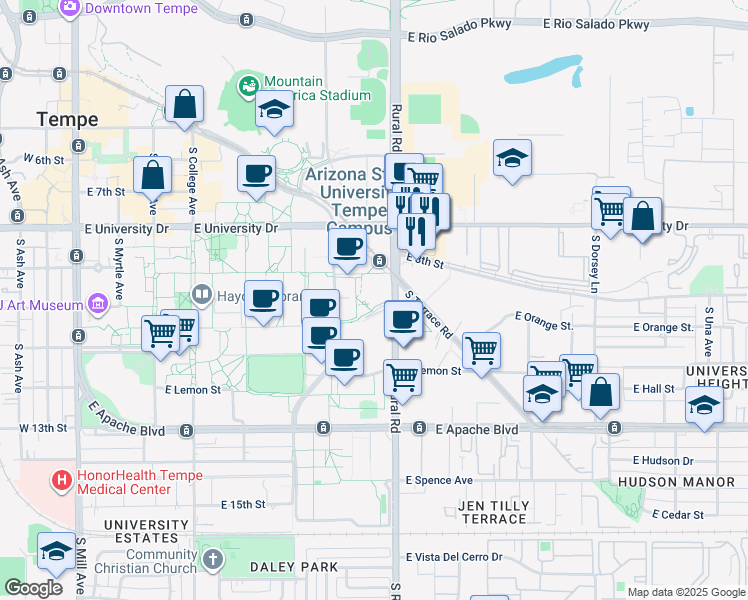 map of restaurants, bars, coffee shops, grocery stores, and more near 797 East Tyler Street in Tempe