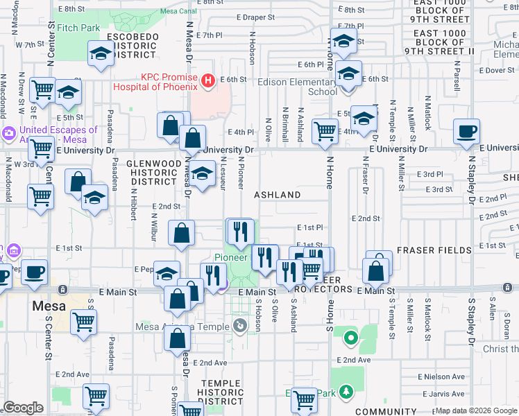 map of restaurants, bars, coffee shops, grocery stores, and more near 248 North Hobson in Mesa