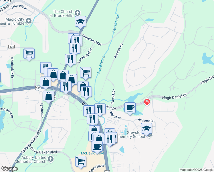 map of restaurants, bars, coffee shops, grocery stores, and more near 1304 Berwick Drive in Birmingham