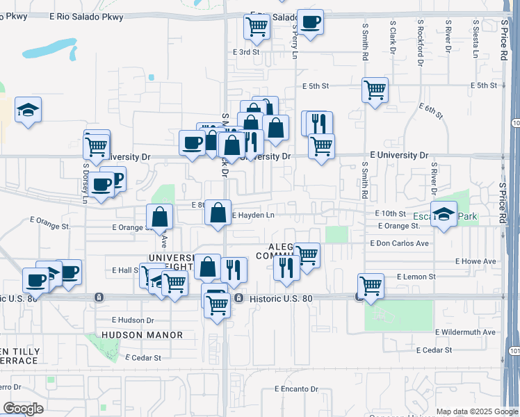 map of restaurants, bars, coffee shops, grocery stores, and more near 1827 East Kirkland Lane in Tempe