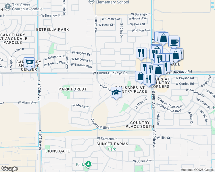 map of restaurants, bars, coffee shops, grocery stores, and more near 10213 West Payson Road in Tolleson