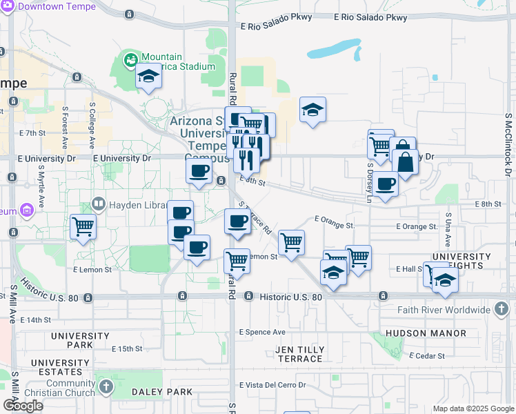 map of restaurants, bars, coffee shops, grocery stores, and more near 2027 East Oxford Drive in Tempe