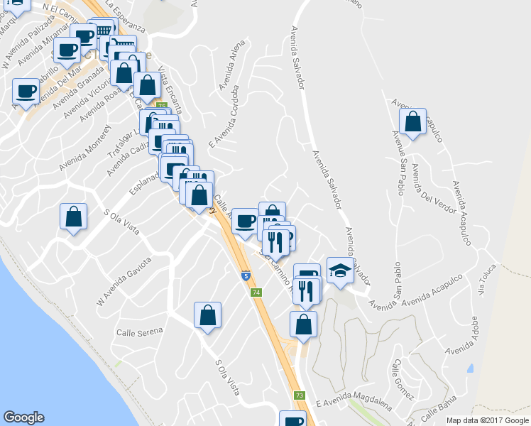 map of restaurants, bars, coffee shops, grocery stores, and more near 129 East Avenida San Juan in San Clemente