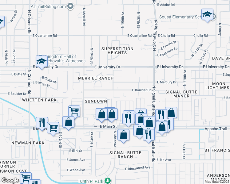 map of restaurants, bars, coffee shops, grocery stores, and more near 10544 East Boulder Drive in Apache Junction