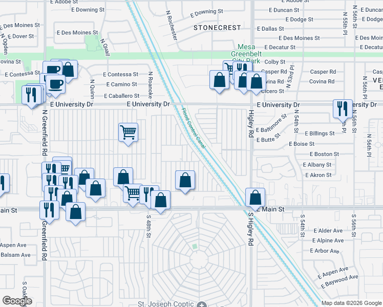 map of restaurants, bars, coffee shops, grocery stores, and more near Mobile Home Park in Mesa