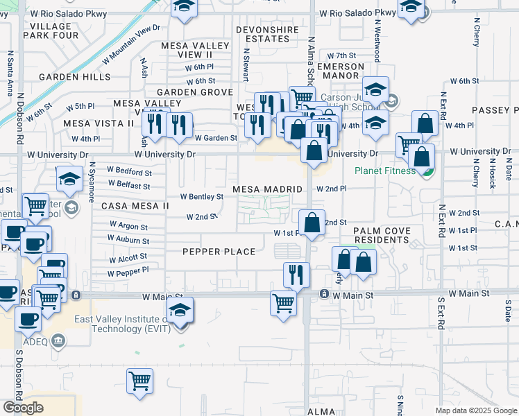 map of restaurants, bars, coffee shops, grocery stores, and more near Mesa Madrid Townhouses in Mesa