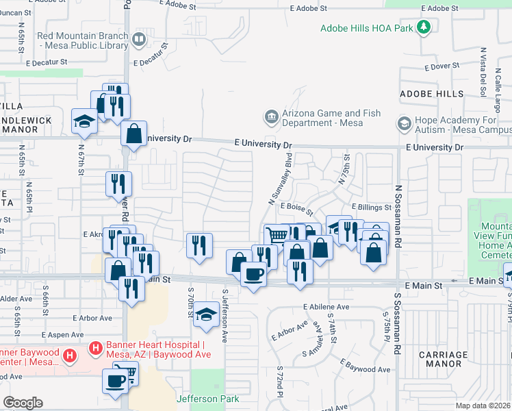 map of restaurants, bars, coffee shops, grocery stores, and more near Edgewood Drive in Mesa