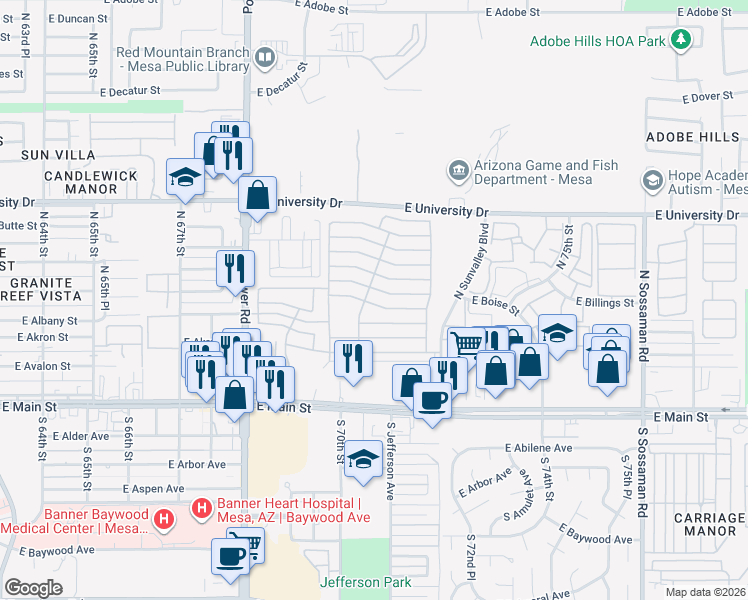 map of restaurants, bars, coffee shops, grocery stores, and more near 215 North Power Road in Mesa