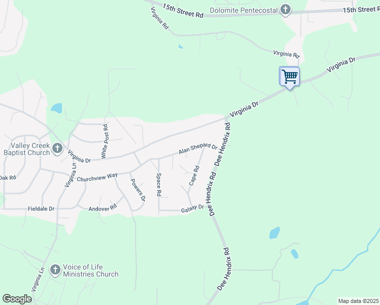 map of restaurants, bars, coffee shops, grocery stores, and more near 3024 Alan Shepard Drive in Hueytown