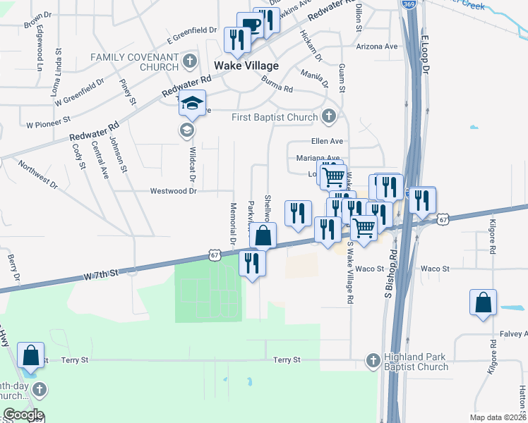 map of restaurants, bars, coffee shops, grocery stores, and more near 315 Parkview Lane in Wake Village