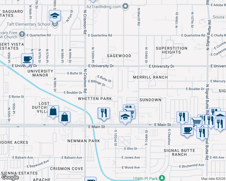 map of restaurants, bars, coffee shops, grocery stores, and more near 10128 East Billings Street in Mesa