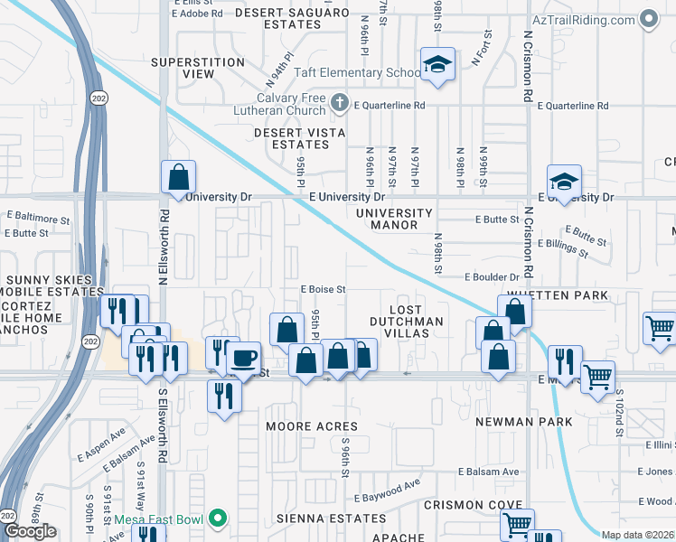 map of restaurants, bars, coffee shops, grocery stores, and more near 246 North 96th Street in Mesa