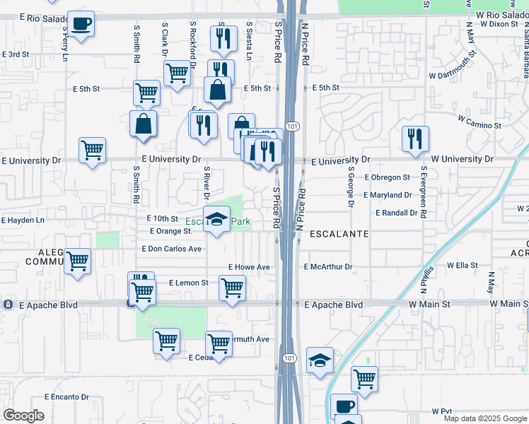 map of restaurants, bars, coffee shops, grocery stores, and more near 2143 East Center Lane in Tempe