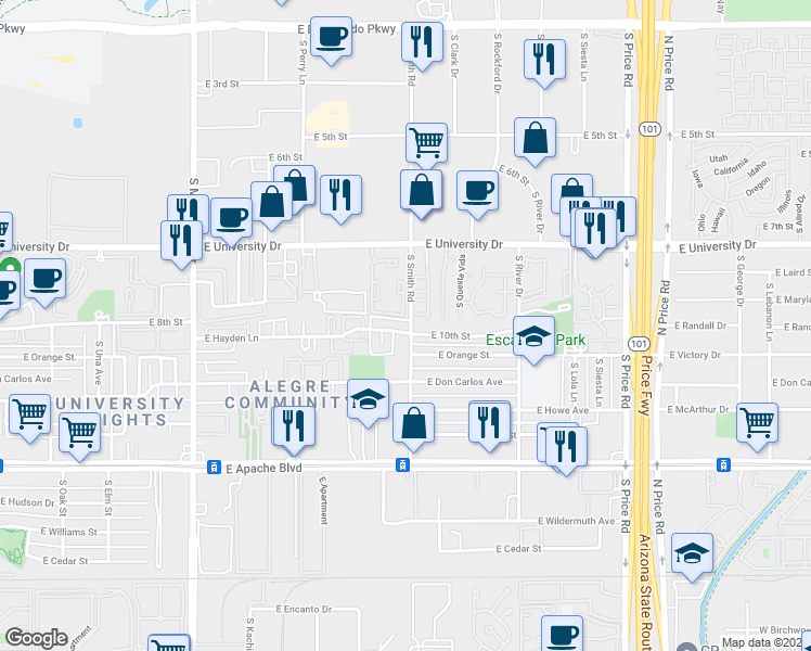 map of restaurants, bars, coffee shops, grocery stores, and more near 30 East Mobile Home Park in Tempe