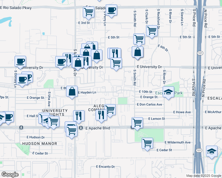 map of restaurants, bars, coffee shops, grocery stores, and more near South Apartment in Tempe