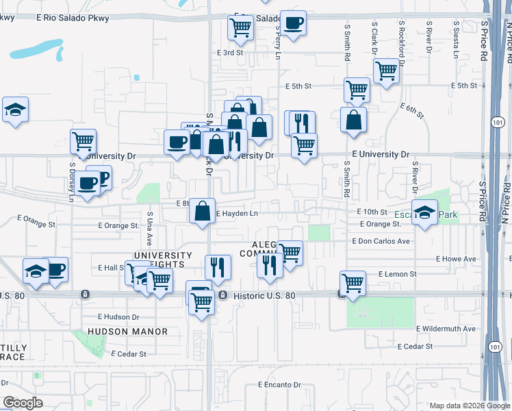 map of restaurants, bars, coffee shops, grocery stores, and more near 1851 East Kirkland Lane in Tempe