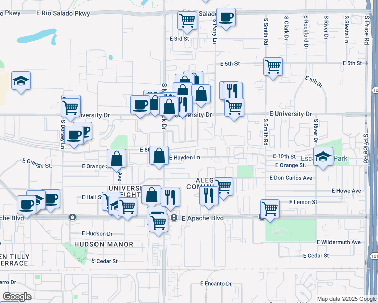 map of restaurants, bars, coffee shops, grocery stores, and more near 1827 East Kirkland Lane in Tempe