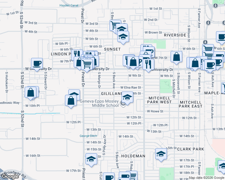map of restaurants, bars, coffee shops, grocery stores, and more near 1207 West Laird Street in Tempe