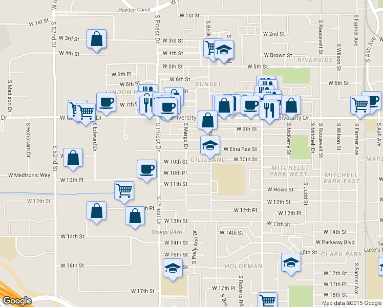 map of restaurants, bars, coffee shops, grocery stores, and more near 1246 West Elna Rae Street in Tempe