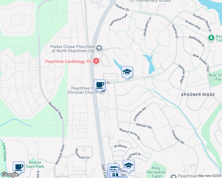 map of restaurants, bars, coffee shops, grocery stores, and more near 427 Walnut Grove Road in Peachtree City