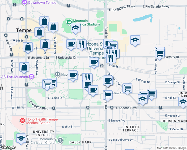 map of restaurants, bars, coffee shops, grocery stores, and more near 1001 South McAllister Avenue in Tempe