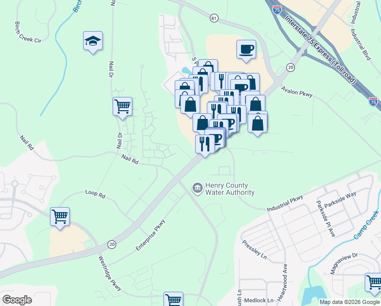 map of restaurants, bars, coffee shops, grocery stores, and more near 1690 Georgia 20 West in McDonough