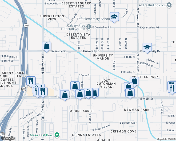 map of restaurants, bars, coffee shops, grocery stores, and more near 246 North 96th Street in Mesa
