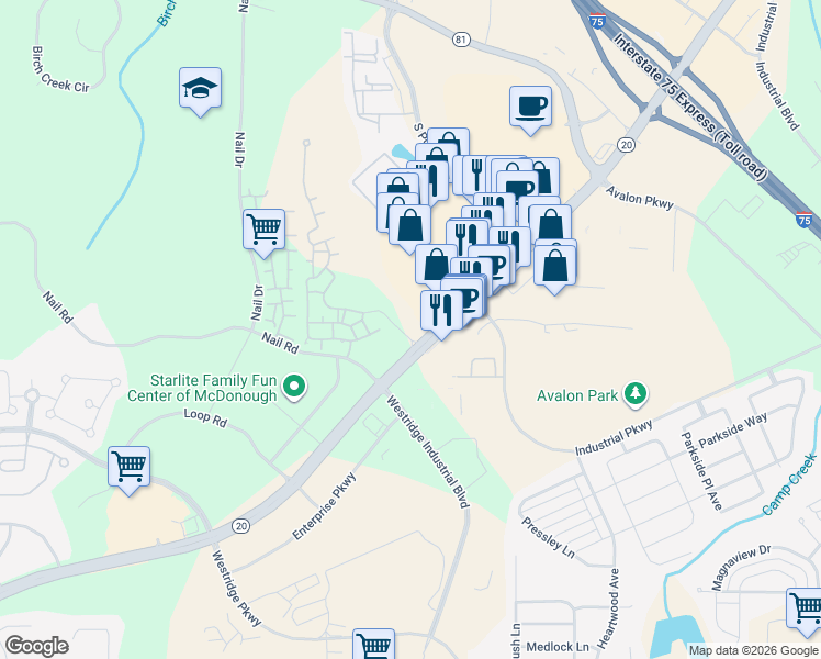 map of restaurants, bars, coffee shops, grocery stores, and more near 1690 Georgia 20 in McDonough